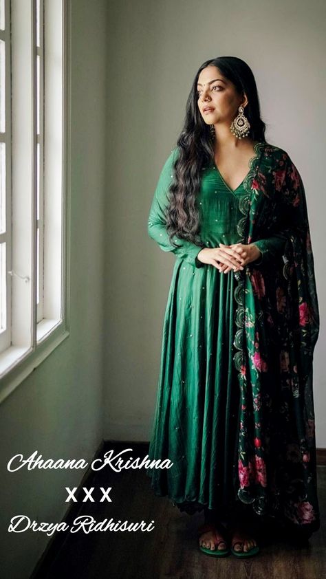 Ahaana Krishna | Anarkali | Silhouette Route Ahana Krishna In Salwar, Ahana Krishna, Aline Kurti Design, Ahaana Krishna, Neck Designs For Kurtis, Designs For Kurtis, Georgette Kurtis, Salwar Suit Neck Designs, Celebrities Outfits