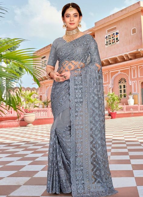 #traditionalsaree
#indiansaree
#sareeonline Grey Net Saree, Mehendi Party, Classic Saree, Resham Embroidery, Gudi Padwa, Celebrity Gowns, Indian Party, Party Sarees, Indian Fashion Saree