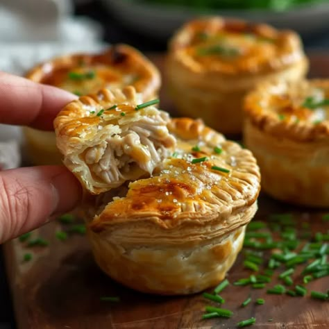 Easy Mini Chicken Pies – adorable handheld treats bursting with savory chicken, vegetables, and creamy sauce, all nestled inside flaky pastry shells. Picture golden-brown crusts that cradle a heartwarming filling, Mini Pork Pies, Mini Chicken Pies Puff Pastries, Chicken Pie Filling Recipes, Mini Chicken Pies, Mini Hand Pies Savory, Chicken Pies Puff Pastry, Savory Mini Pies, Mini Chicken Pot Pies Puff Pastry, Puff Pastry Meat Pies