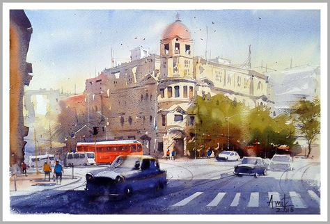 Amit Kapoor, Mumbai City, 22"X15". Kolkata City Drawing, City Scape Painting, Watercolor Scenery, Composition Painting, Bengali Art, Street Painting, City Drawing, Modern Landscape, Watercolor Landscape Paintings