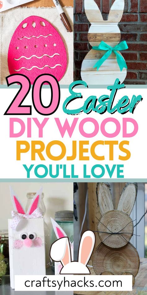 Enjoy these Easter crafts! Make these Easter crafts diy and enjoy decorating on a low budget. Who doesnt' love an Easter project! Wooden Rabbits Diy Wood Crafts, Cheap Easter Crafts, Easter Diy Crafts, Easter Wood Projects, Wood Pallet Crafts, Diy Spring Crafts, Easter Wood Crafts, Spring Easter Crafts, Scrap Wood Projects