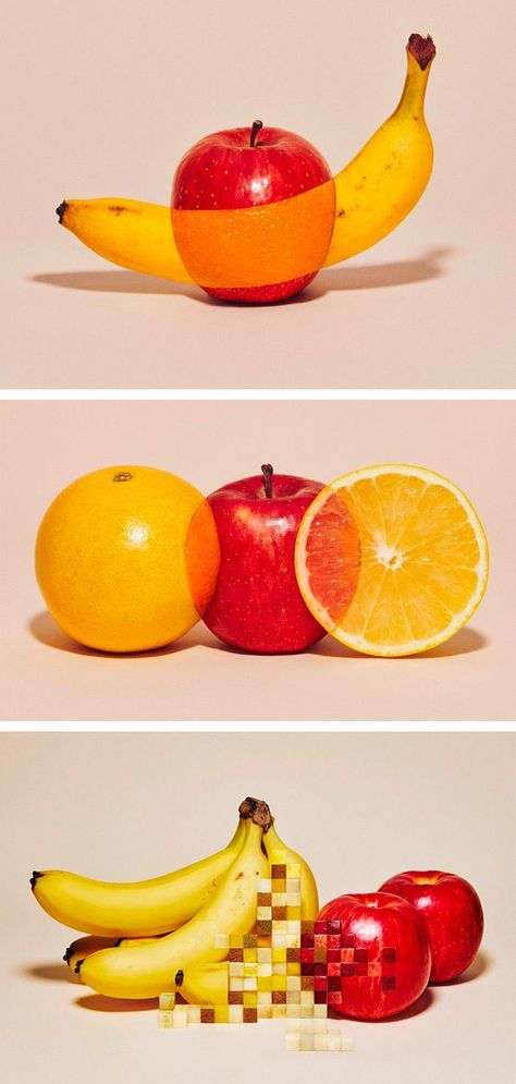 Fruits Photography Creative, Fruit Collage Art, Fruit Design Ideas, Food Photoshop, Yuni Yoshida, Fruits Composition, Half An Apple, Fruit Composition, Unusual Fruits