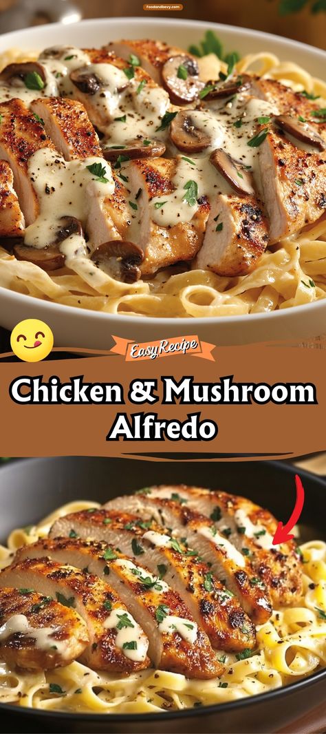 Experience the creamy delight of Chicken & Mushroom Alfredo, where tender chicken pieces and earthy mushrooms are tossed in a rich and creamy Alfredo sauce over perfectly cooked pasta. This dish combines simplicity with elegance, making it a perfect choice for a comforting weeknight dinner. #ChickenMushroomAlfredo #CreamyPasta #WeeknightDinner Alfredo Sauce With Mushrooms, Chicken Alfredo Pasta With Mushrooms, Chicken And Mushroom Alfredo, Chicken Alfredo With Mushrooms, Chicken Mushroom Alfredo Pasta, Chicken Mushroom Cream Sauce, Chicken Mushroom Alfredo, Creamy Chicken And Mushroom Pasta, Chicken And Mushroom Recipes