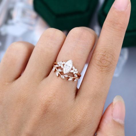 Marquise Floral Engagement Ring, Marque Cut Engagement Ring, Marquis Wedding Ring Set, Rose Gold Marquise Engagement Ring, Marquise Engagement Ring With Band, Marquise Wedding Set, Nature Inspired Engagement Rings, Future Jewelry, Marquise Moissanite Engagement Ring