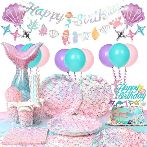 Mermaid Party Tableware Set 94pcs Mermaid Party Supplies Mermaid Birthday Party Paper Plates Cups Napkins Table Cloth Birthday Banner Balloons Mermaid Birthday Party Decorations Supplies for Girls : Amazon.co.uk: Home & Kitchen Mermaid Baby Shower Decorations, Mermaid Table, Mermaid Birthday Decorations, Birthday Party Plates, Mermaid Balloons, Mermaid Party Supplies, Mermaid Birthday Party Decorations, Mermaid Theme Birthday Party, 1st Birthday Cake Topper