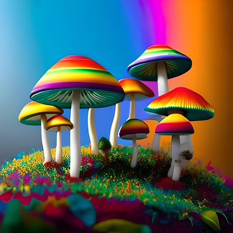 This artwork features a close-up view of multiple mushrooms in vibrant rainbow colors, creating a whimsical and fantastical mushroom wonderland. The colors blend seamlessly into each other, creating a surreal and dream-like atmosphere. The details of each mushroom are highly intricate and the overall effect is both eye-catching and mesmerizing. This piece would be perfect for anyone who loves bright colors and wants to add a touch of magic to their space. Mushroom Ideas, Mushroom Wonderland, Nature Portraits, Rainbow Mushroom, Giant Mushroom, Random Art, Video Background, Color Blending, Bright Color