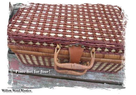 Picnic Setting for Four by WillowWindMystics on Etsy, $40.00 Vintage Picnic Basket Decor, Picnic Basket Decor, Picnic Supplies, Vintage Picnic Basket, Picnic Hamper, Basket Decor, Vintage Picnic, Hamper Basket, Picnic Set