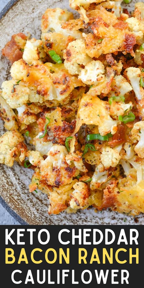 This super easy low-carb side is loaded with all of your favorite flavors! The crispy bits of bacon and cheese pair perfectly with tender, keto-friendly cauliflower! Dinner Cravings, Ranch Cauliflower, Keto Sides, Lazy Keto, Bacon And Cheese, Low Carb Veggies, Cauliflower Casserole, Low Carb Sides, Keto Ideas