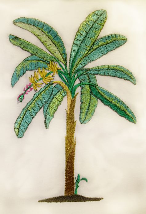 Banana Tree Embroidery, Banana Leaf Embroidery, Palm Tree Embroidery Pattern, Tropical Embroidery Design, Palm Cushions, Tropical Embroidery, Palm Tree Embroidery, Tropical Motifs, Bordados Tambour