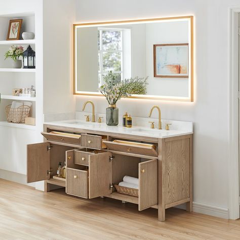 Cerrito Double Bathroom Vanity with Grain White Engineered Stone Countertop with Mirror Farmhouse Sink Faucet, Engineered Stone Countertops, Ceramic Undermount Sink, Stone Countertop, Undermount Sinks, Ceramic Sinks, Vanity Countertop, Double Bathroom, Transitional Bathroom Vanities