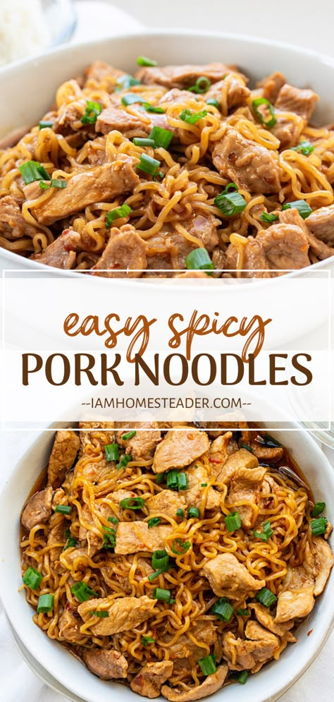 Pork Noodles Recipe, Spicy Pork Noodles, Leftover Pork Loin Recipes, Pork Pasta, Pork Ramen, Pork Recipes For Dinner, Recipes Gourmet, Pork Noodles, Leftover Pork