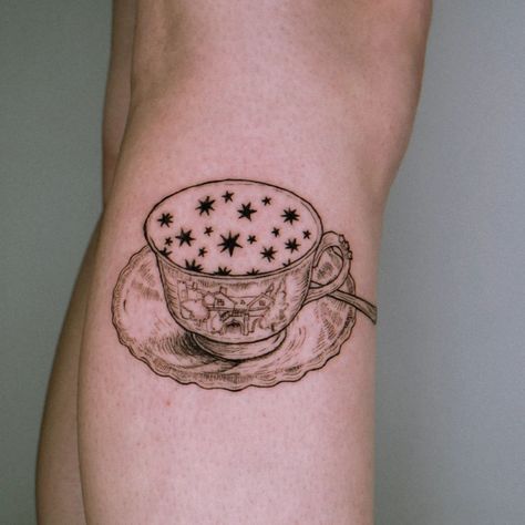 Cup And Saucer Tattoo, Tea Cup And Saucer Tattoo, Cup Of Stars Hill House Tattoo, Teacup And Saucer Tattoo, Bowl Of Soup Tattoo, V Shaped Tattoo, Cloche Tattoo, Vintage Teacup Tattoo, Coupe Glass Tattoo