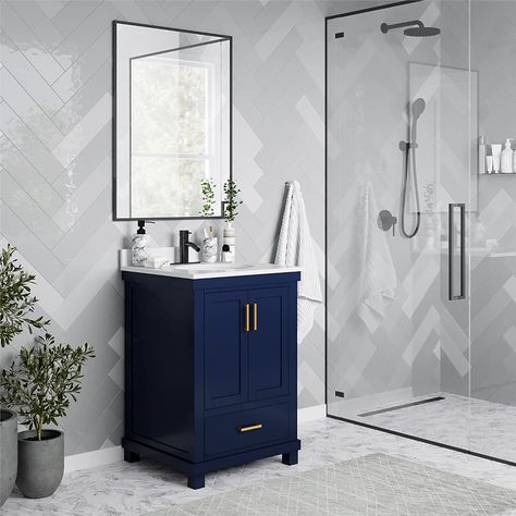 Amazon.com: Dorel Living Sunnybrooke 24 Inch Bathroom Vanity with Sink, Navy : Tools & Home Improvement Navy Blue Bathrooms, 24 Inch Bathroom Vanity, Blue Bathroom Vanity, Bathroom Vanity Decor, Faucet Installation, Blue Vanity, Bathroom Vanity With Sink, Vanity With Sink, Perfect Bathroom