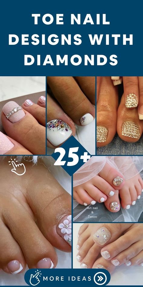 Enhance your pedicure style with these luxurious toe nail designs adorned with exquisite diamonds for an extra touch of glitz and glamour. Whether you're into subtle diamond details or full-on bling, these nail art ideas are ideal for making a bold statement. Shine bright like a diamond diva with these dazzling toe nail designs that exude luxury and sophistication. Bling Toe Nails, Nail Designs With Diamonds, Wedding Toe Nails, Glitter Toe Nails, Toe Nails Designs, Wedding Toes, Diamond Nail Designs, Pink And Glitter, Fake Toenails