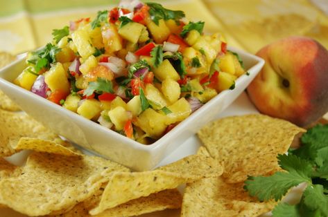 The Kitchen is My Playground: Peach-Pineapple Salsa {& co-hosting 'It's a Keeper Thursday'} The Kitchen Is My Playground, Pineapple Salsa Recipe, Delicious Salad Dressings, Mango Salsa Recipes, Jalapeno Pepper, Peach Salsa, Pineapple Salsa, Fresh Peaches, Fresh Pineapple