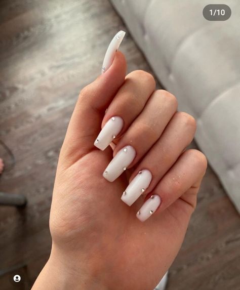 Nails With Diamonds Simple, Nails White Diamonds, White Gel Nails, Basic Nails, Ballerina Nails, Rainbow Nails, Diamond Nails, Fire Nails, Rhinestone Nails