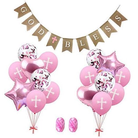 Mainul Extension God Bless Banner Baptism, Baptism Decorations Girl, Confirmation Balloons, First Communion Balloons, Cross Balloons for Baptism, Baptism Cross Balloons, Baptism Decorations, Baby Shower CUTE pink and white cross balloons decoration background. BEAUTIFUL varieties set to celebrate memorable events with family, friends, loved ones, etc. QUICK & EASY to assemble balloons set. You can inflate the balloons with helium if you want to float or simply by air. Please do not overfill them. Due to light and screen settings, the color of the items may be slightly different from the pictures. Rubbing outer side of the confetti balloon with dry towel will help stick to the balloon. It is recommended to inflate the balloons just before the event if using helium. MULTI USE for Baptism, Ch Cross Balloons, Communion Balloons, Baptism Decorations Girl, Balloons Decoration, Baptism Decorations, Decoration Background, Burlap Banner, Background Beautiful, White Cross