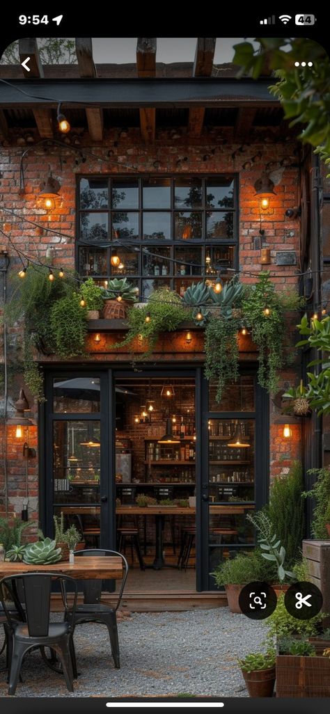 Rustic Shop Exterior, Industrial Restaurant Design Exterior, Vintage Restaurant Exterior, Rustic Cafe Exterior, Brick Storefront Design, Rustic Cafe Aesthetic, Restaurant Building Exterior, Industrial Cafe Exterior, Italian Restaurant Exterior