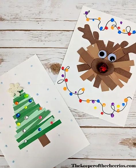 Use all those strips from your preschoolers scissor practice and make a creative paper strip Christmas card. Crafting your own Christmas cards doesn't have to take hours and hours or break the bank.  Here's a list of easy, low-prep Christmas cards kids can make in a jiffy! #howweelearn #christmascrafts #christmascards #christmascraftsforkids #homemade #christmascraftsdiy Christmas Cards For Kids, Christmas Cards Kids, Simple Christmas Cards, Christmas School, Christmas Card Crafts, Preschool Christmas, Christmas Classroom, Easy Christmas Crafts, Cards For Kids