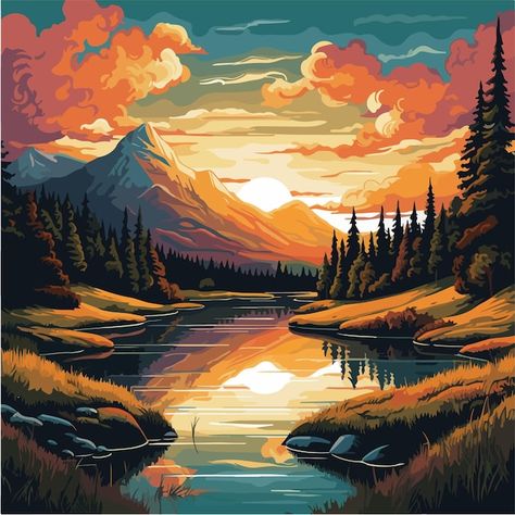 A painting of a lake with mountains in t... | Premium Vector #Freepik #vector #alberta #vector-illustration #landscape-vector #sunset-landscape Illustrator Landscape Vector, Mountain Lake Illustration, Vector Landscape Illustration, Mountain Landscape Illustration, Lake With Mountains, Lake Illustration, Mountains Illustration, Journal Photos, Sunset Landscape Painting