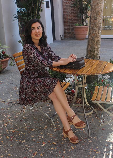 Retro Inspired. Lotta from Stockholm Peeptoe Clogs in Tan and Floral Dress. Dress With Clogs Outfit, Clogs With Dresses Outfit, Lotta From Stockholm Outfit, Clogs And Dress, Lotta Clogs Outfit, Clog Sandals Outfit, Clogs With Dresses, Brown Clogs Outfit, Swedish Clogs Outfit