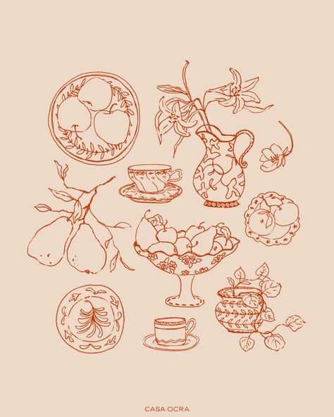 Cute Drawing Decorations, Procreate Food Illustration, Italian Illustration Vintage, Chinoiserie Tattoo, Eclectic Tattoos, Dainty Illustration, Vintage Drawing Sketches, Cute Flower Illustration, Eclectic Wedding Invitations