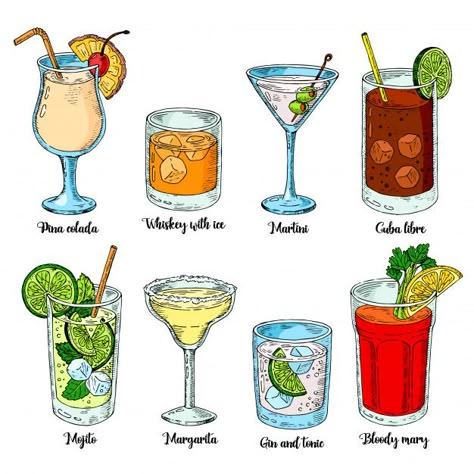 Alcoholic drinks set. set of isolated colorful sketch cocktails. Premium Vector Drawing Of Drinks, Drink Art Drawing, Drinking Drawing Alcoholic, Cute Drink Drawings, Drawing Drinks, Drink Sketch, Cocktail Sketch, Drinks Drawing, Drink Drawing