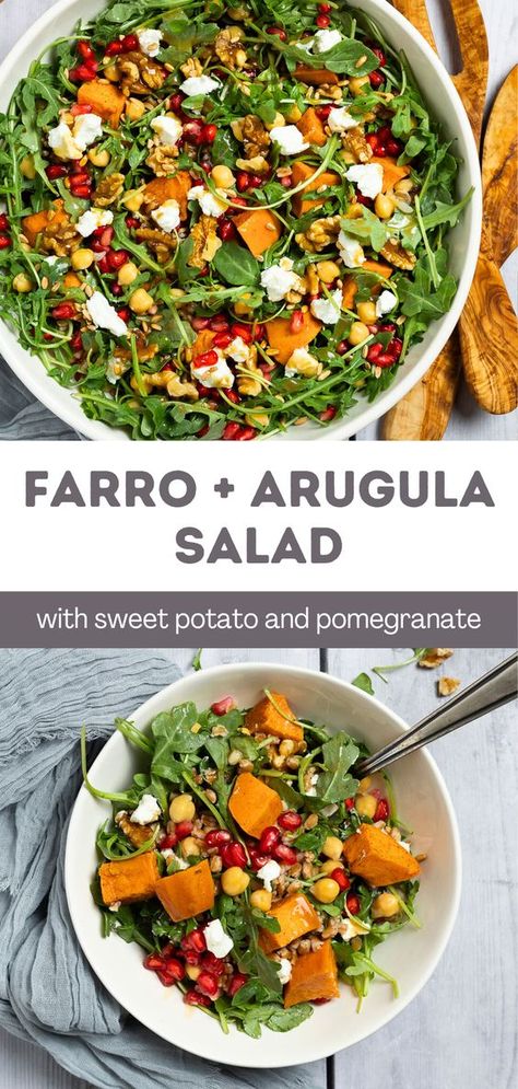 Pomegranate vinaigrette is the perfect finish for nutty farro, peppery arugula, and tender sweet potatoes in this hearty and healthy Mediterranean diet recipe. Farro Arugula Salad, Healthy Salad Recipes For Lunch, Arugula Pesto Recipe, Mediterranean Diet Recipe, Salad Recipes For Lunch, Terrace Inspiration, Farro Salad Recipes, Pomegranate Vinaigrette, Arugula Recipes