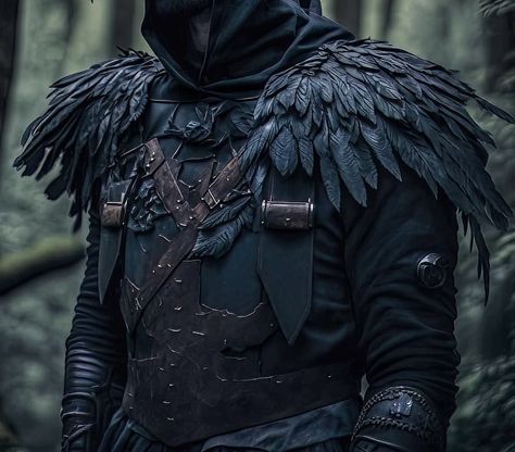 Black Armor Aesthetic, Rogue Aesthetic Clothes, Crow Outfit Aesthetic, Crow Themed Outfit, Body Gaurd Aesthetics, Crow Costume Men, Lucanis Dellamorte Aesthetic, Masc Fantasy Outfits, Male Fantasy Clothing Casual