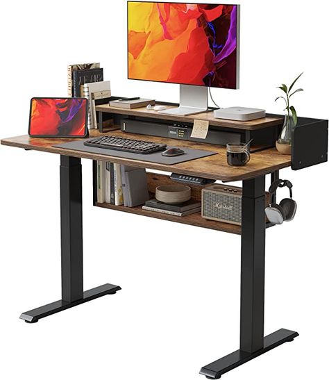 Stand Up Desk Home Office, Rising Desk, Standing Desk Adjustable, Hanging Storage Shelves, Ikea Desk Hack, Desk With Keyboard Tray, Cozy Desk, Home Office Computer Desk, Desk Home Office