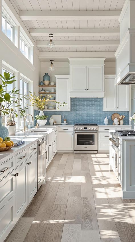 Coastal Kitchen Designs Shore House Kitchen, Costal Kitchen Aesthetic, Coastal Kitchen Design Inspiration, Modern Coastal Kitchen Design, Beach Kitchen Ideas Coastal Colors, Beach House Interior Kitchen, Coastal Grandmother Kitchen, Small Beach House Kitchen, Coastal Modern Kitchen