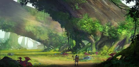 Huge trees in forest, Jung yeoll Kim on ArtStation at https://www.artstation.com/artwork/d930W Trees In Forest, Magical Tree, Giant Tree, Tree Artwork, Landscape Concept, Fantasy Forest, Fantasy Setting, Fantasy Places, Forest Art