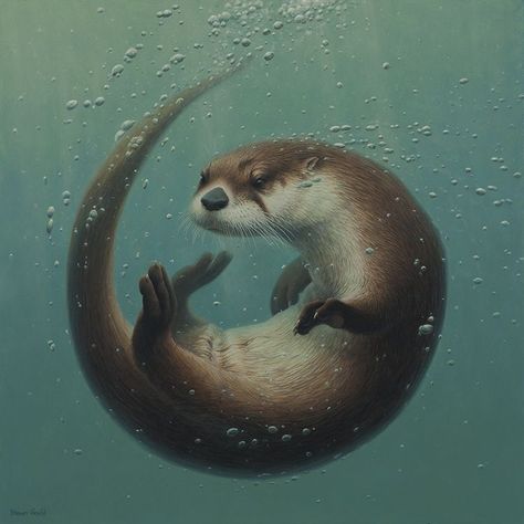 Otter Painting, Otter Tattoo, Otter Design, Otter Illustration, Otter Art, Automatic Drawing, Seashell Wreath, Underwater Animals, River Otter