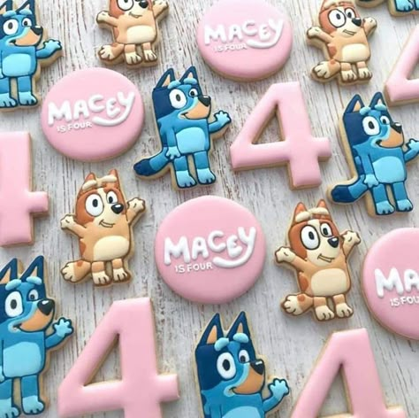 Bluey Birthday Party Cookies, Bluey 4th Birthday Party Ideas Girl, Bluey Birthday Cake 4, Bluey Cookie Ideas, Bluey 6th Birthday Party, Bluey Bday Cake, Rainbow Bluey Birthday, Bluey 4th Birthday Party, Bluey Birthday Party Girl