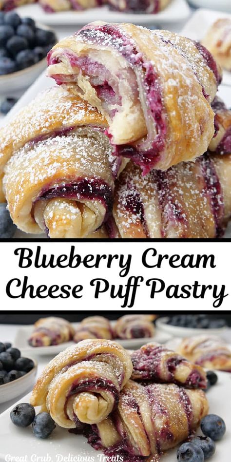 Blueberry Cream Cheese Puff Pastry is filled with a blueberry filling, a cream cheese mixture, baked to golden perfection, and dusted with powdered sugar. Lazy Day Dinner Ideas Healthy Recipes, Rachel Cooks With Love Recipes Cinnamon Rolls, Picnic Baking Ideas, American Meal Ideas, Colorful Baked Goods, Pastry Ideas Creative, Professional Bakery Recipes, Office Treats Ideas, Summer Baking Recipes Desserts