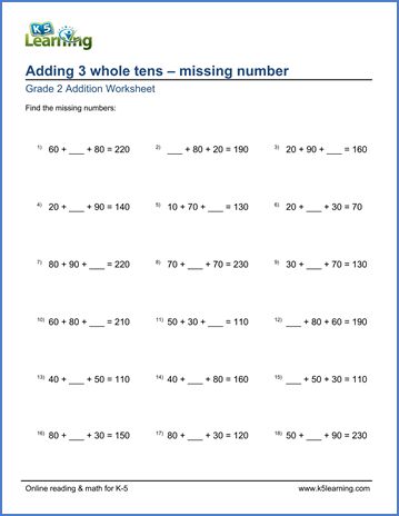 Grade 2 Addition Worksheet on adding 3 whole tens - missing number Grade 2 Addition, Grade 2 Math Worksheets, Grade 2 Math, Proportions Worksheet, Missing Addends, Addition Worksheet, Missing Addend, Big Numbers, Learning Reading