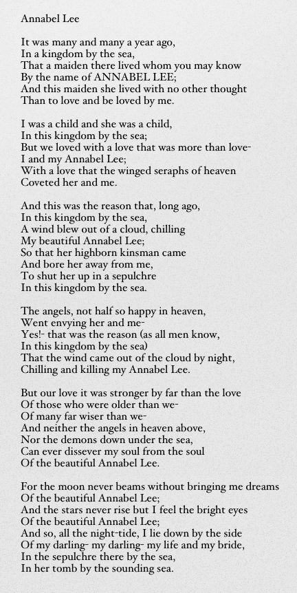 Annabel Lee - Edgar Allan Poe Anabelle Lee Poem, Annabell Lee Edgar Allan Poe, Anabelle Lee Edgar Allan Poe, Annabel Lee Tattoo, Annabel Lee Aesthetic, Edgar Allen Poe Annabel Lee, Poe Love Quotes, Annabel Lee Poem, Old Poems