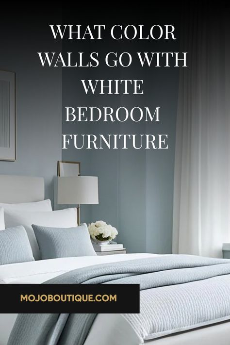 Discover what color walls go with white bedroom furniture. Our guide offers fresh and stylish color ideas to transform your space! Wall Color For White Bedroom Furniture, White Walls White Bedroom Furniture, Dark Wall White Furniture, Bedroom Color With White Furniture, Wall Color With White Furniture, White Furniture Wall Color Ideas, Bedroom Colors With White Furniture, Bedroom With White Furniture Wall Colors, Bedroom White Furniture Color Schemes