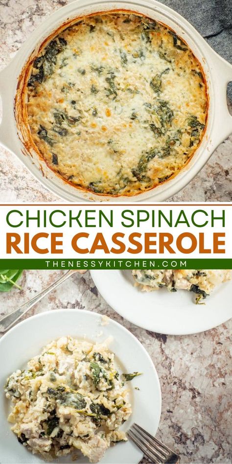 An easy family dinner that's make-ahead and freezer-friendly! It's a simple casserole recipe with Greek yogurt and no canned soup. Creamy and cheesy with extra veggies, this Chicken Spinach Rice Casserole is delicious! Spinach Rice Casserole, Easy Meals For Dinner Healthy, Recipe With Greek Yogurt, Chicken And Spinach Casserole, Creamy Cheesy Chicken, Comfort Food Ideas, Cheesy Chicken Casserole, Spinach Rice, Easy Dinner Recipes For Family