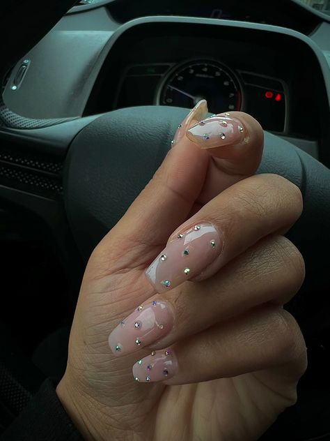 Biab Nails With Gems, Short Square Gem Nails, Short Rounded Square Nails Designs, Natural Ombre Nails With Rhinestones, Square Gem Nails, Nails With Gems Square, Multicolor Gem Nails, Clear Gem Nails, Nail Inspiration With Gems