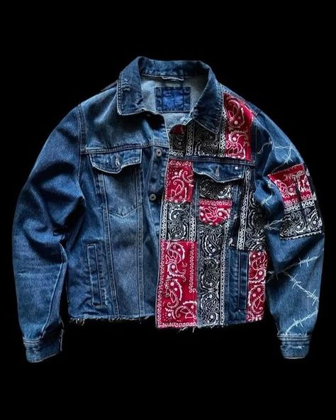 CustoMxlvno on Instagram: "blue denim jacket with bandana and wire pattern price: 250 pln + delivery cost DM to order size chart in the last picture" Bandana Denim Jacket, Sewing Denim Jacket, Reworked Jean Jacket, Denim Jacket Upcycle Ideas, Denim Jacket Design Ideas, Upcycle Denim Jacket, Denim Jacket Upcycle, Denim Jacket Diy, Denim Patchwork Jacket