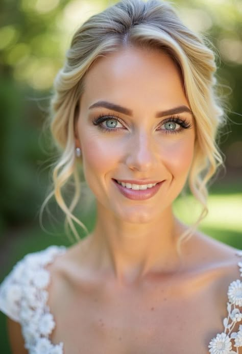 Blue Eye Makeup Wedding Brides, Natural Makeup Looks Bride, Bride Wedding Makeup Blue Eyes, Wedding Makeup Blue Eyes Natural, Boho Wedding Makeup Green Eyes, Bridal Make Up For Blondes Blue Eyes, Natural Blonde Makeup, Blonde Green Eyes Makeup, Bridesmaid Makeup Blonde Hair Blue Eyes