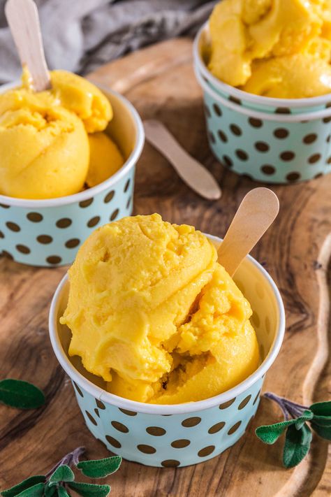 Mango Frozen Yogurt | www.oliviascuisine.com | Luscious, creamy and tangy, this Mango Frozen Yogurt is everything you need on a hot summer day! And the best part? No ice cream machine necessary! (Recipe by @oliviascuisine.) Mango Frozen Yogurt Recipe, Mango Frozen Yogurt, Homemade Frozen Yogurt, Mango Desserts, Frozen Yogurt Recipes, Mango Dessert Recipes, Kefir Recipes, Fruit Sorbet, Mango Dessert