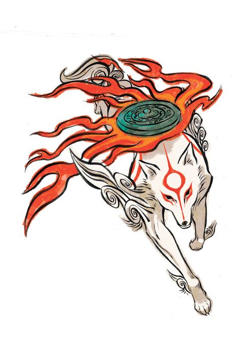 Okami Art Okami Art, Capcom Art, Japanese Mythology, Wolf Art, Video Game Art, Japanese Tattoo, Mythical Creatures, Fantasy Creatures, Japanese Art