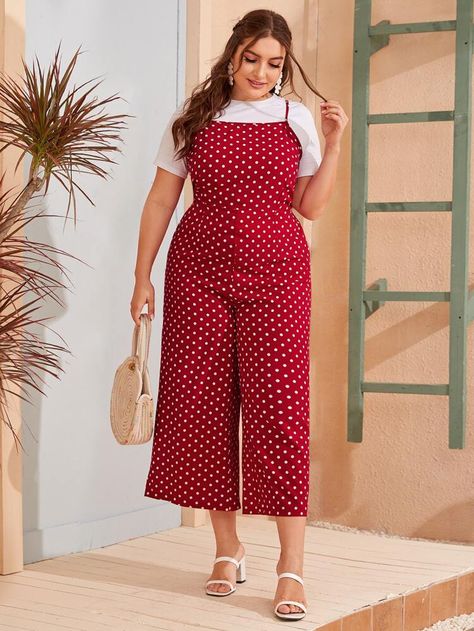 Plus Polka Dot Tie Back Wide Leg Cami Jumpsuit | SHEIN USA Polka Dot Outfit, Dot Outfit, Trendy Jumpsuit, Polka Dots Outfit, Cami Jumpsuit, Plus Size Jumpsuits, Polka Dot Tie, Red Boho, Plus Size Jumpsuit