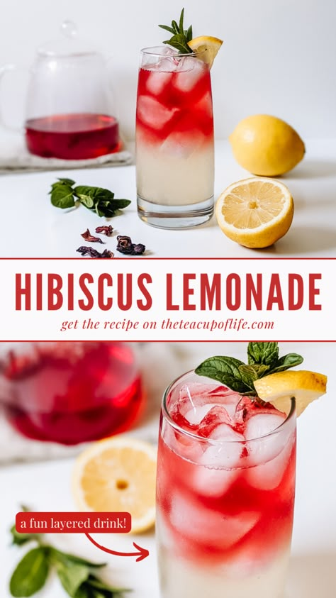 This gorgeous bright tea lemonade is sweet, tangy and a great choice when you need to quench your thirst on a warm day! Plus, the layered effect is sure to impress a crowd. Spiked Tea Recipe, Hibiscus Iced Tea Recipes, Jamaica Recipes Hibiscus Tea, Hibiscus Tea Lemonade, Hibiscus Lemonade, Hibiscus Sweet Tea, Hibiscus Iced Tea, Lemonade Tea Recipe, Layered Drinks