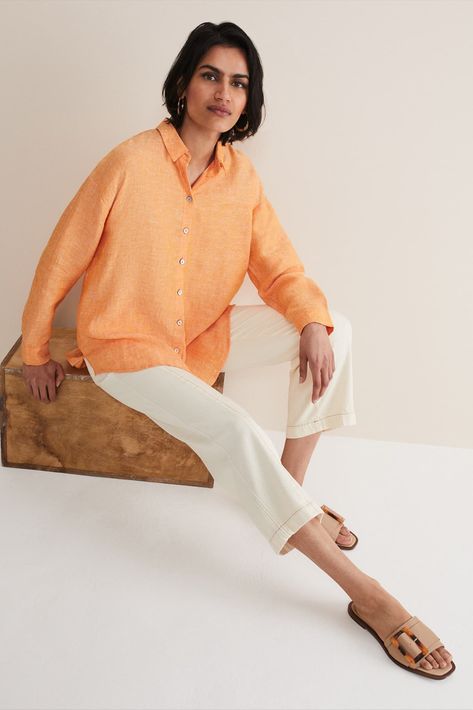 Our linen shirt will make a vibrant addition to your spring wardrobe. Designed in a sunny orange shade and cut in a relaxed fit, this shirt features a button through placket, long sleeves, collar and curved drop hem. This style is responsibly sourced. With no synthetic inputs, linen is a natural fibre with low environmental impact. Natural Fibre, Linen Jumpsuit, Linen Style, Linen Blouse, Phase Eight, Linen Trousers, Spring Wardrobe, Shades Of Orange, Sustainable Fabrics