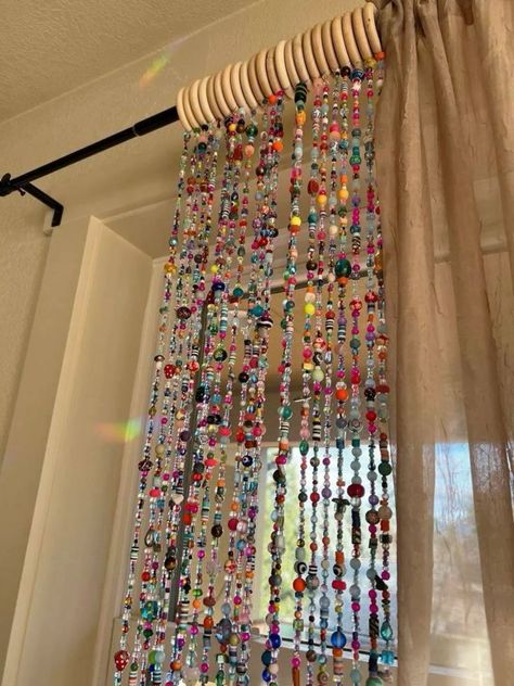 70s Theme House Decor, Beaded Window Curtain, Bead Hanging Decor, Boho Curtains Diy, Bead Curtain Diy, House Decor Cozy, Beaded Curtains Window, Whimsical Decor Diy, Funky Curtains