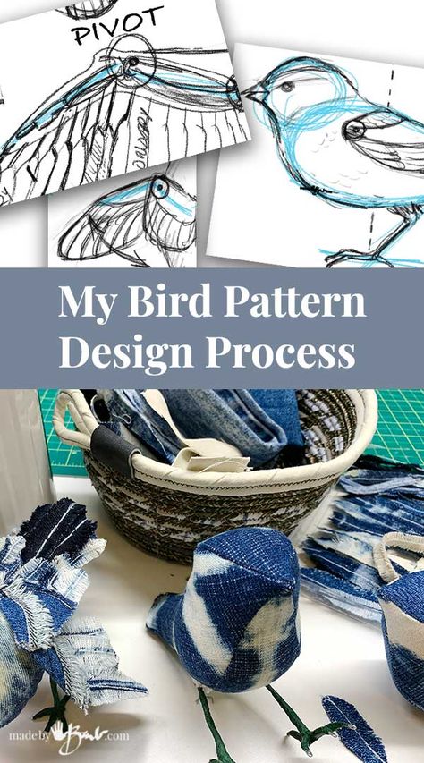 My Bird Pattern Design Process - Made By Barb - make unique fabric birds Fabric Birds Pattern Scrap, Fabric Birds Diy Sewing Patterns, Stuffed Bird Sewing Pattern Free, Felt Birds Pattern, Fabric Bird Pattern, Textile Insects, Bird Sewing Pattern, Diy Fabric Bird, Textile Birds