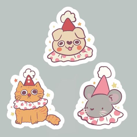 Cute clown animals illustrations, funny clown animals, stickers, cartoon stickers, funny illustration, cat drawing, clown mouse, clown cat, clown dog Clown Animals, Drawing Clown, Clown Cartoon, Cat Clown, Clown Sticker, Cute Sketchbooks, Funny Clown, Girls Holding Hands, Animals Stickers